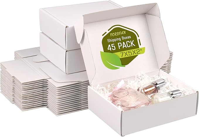 FORBFAN 7x5x2 Shipping Boxes, 45 Pack White Mailer Boxes for Small Business, Small Corrugated Cardboard Boxes for Mailing & Shipping