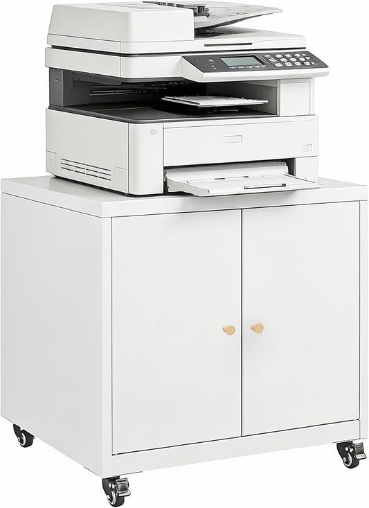 23.6“H Metal Printer Cabinet with Storage & Adjustable Shelf | Large Rolling Printer Stand, Heavy Duty Steel Printer Cart for Home Office, Workspace Organization & Office Supplies, White
