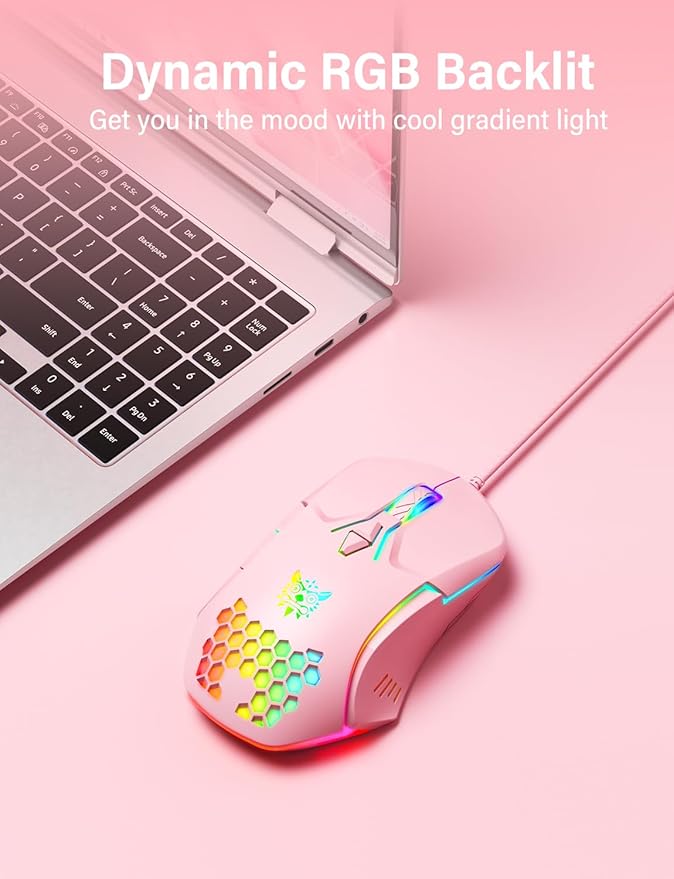 Wired USB Mouse, Computer Mouse with RGB Lighting, 4 Adjustable DPI, Ergonomic Optical Office Mouse, 7 Buttons Corded Mice for Window/PC/Laptop/Desktop/Mac/Chromebook, Pink