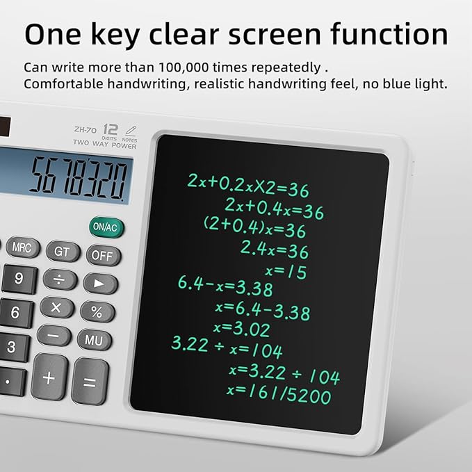 Desk Calculator with Erasable Writing Pad, 12-Digit Wide Screen Display, 100,000+ Reusable LCD Notepad, One-Click Clear & Lock Function, Solar and Battery Dual Power for Office,School,Business (White)