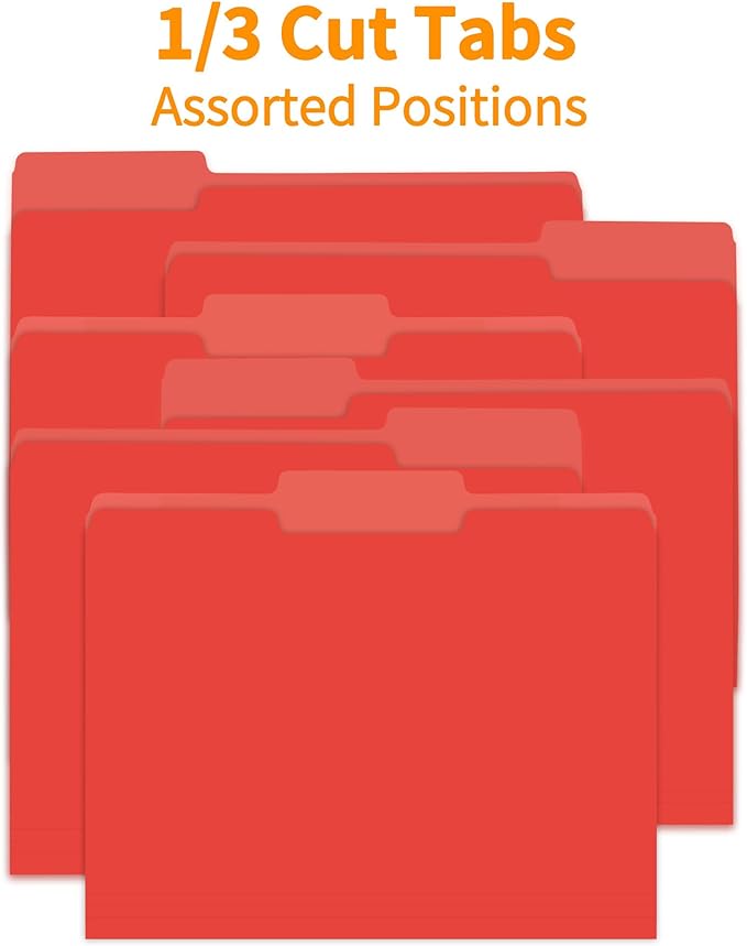 Packs Red File Folder,1/3-Cut Tabs,Paper File Folders Letter Size,8.5x11 Manilla File Folders for Office Filing,School Projects and Home,Organizer Documents