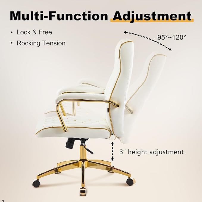 White and Gold Office Chair, Leather Office Chairs, Adjustable Vanity Chair with Golden Legs and Padded Armrest, Modern Upholstered Computer Chair with Wheels,White