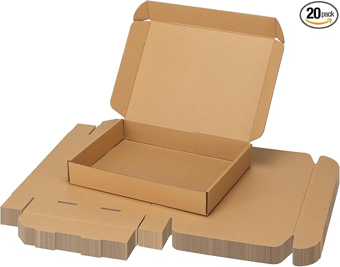 PHAREGE 20 Pack 12x9x2 inch Cardboard Shipping Boxes, Brown Mailing Box | Tuck Top, Quick Fold, Easy Assemble, Shape Well, Single Corrugated, DIY Cardboard, Shirt, Scarf, Book, Business Packaging