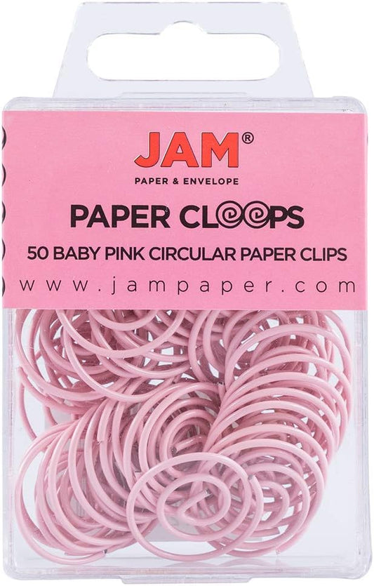 JAM PAPER Circular Paper Clips - Round Paperclips - Baby Pink Pastel - 50/Pack