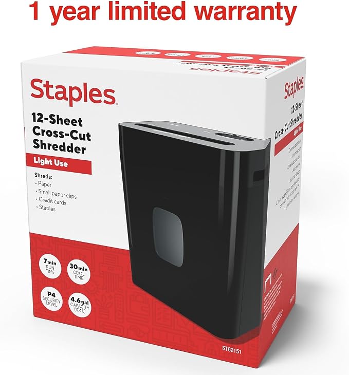 Staples 12-Sheet Cross-Cut Paper Shredder, Quiet, Anti-Jam, Black | Shreds credit cards and staples. Auto start/stop, 4.25-gallon bin for home office.
