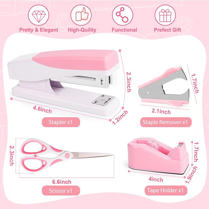 Pink Desk Accessories Set for Women, Stapler and Tape Dispenser Set with Scissor, Staple Remover, Clips & Tabs, Cute Office Supplies Kit for Desk Organization, School, Home & Office, Gift Idea