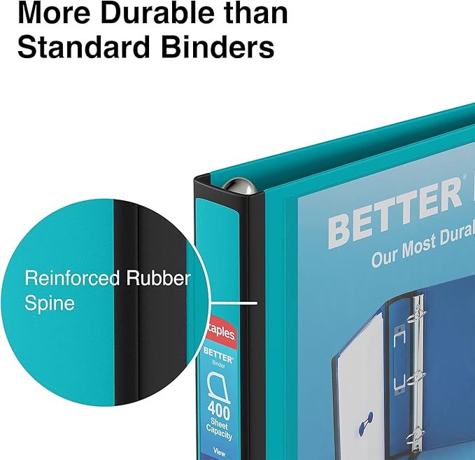 Staples Better Binder 1.5-Inch D-Ring View Binder, Reinforced Spine, Holds Up to 350 Sheets, Teal, for Office & School