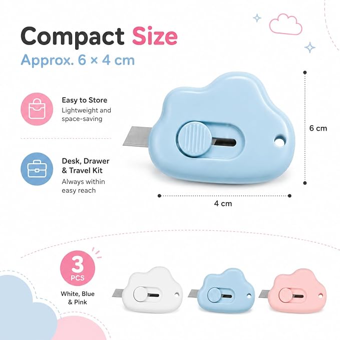 3Pcs Utility Knife Box Cutters Cute Cloud, Retractable Letter Opener, Sharp Cartons Cardboard Cutter Razor Knife for Christmas, Paper Cutter with Razor Blade, Portable Office Stationery