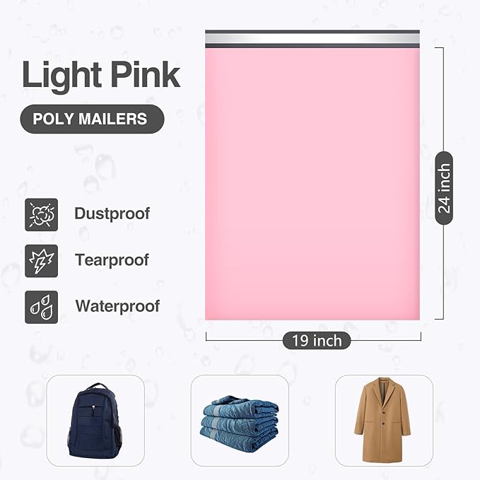 UCGOU Poly Mailers 19x24 Inch Light Pink 50 Pack Extra Large Shipping Bags Strong Thick Mailing Envelopes Self Seal Adhesive Waterproof and Tear Proof Boutique Postal for Clothing Quilt and More