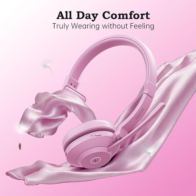 Bluetooth Wireless Headset with Mic for Work, Advanced Noise Reduction Microphone, Clear Calls - Comfortable On-Ear Headphones, Bluetooth 5.3, Applicable to Laptop, PC, Zoom, Office(Pink)