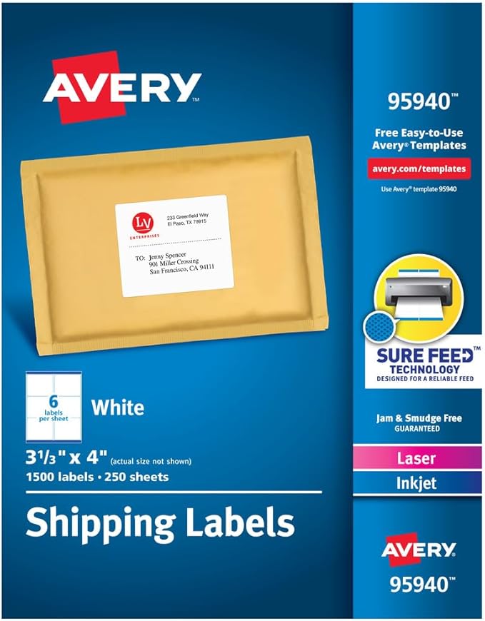 Avery Printable Shipping Labels with Sure Feed, 3-1/3" x 4", White, 1,500 Blank Mailing Labels (95940)