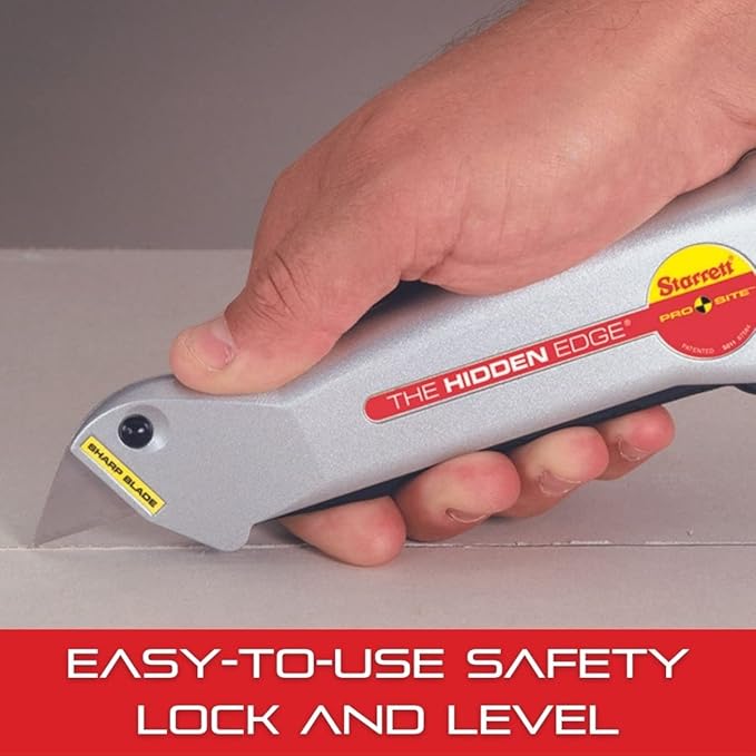 Starrett Hidden Edge Utility Knife with Easy to Use Safety Lock and Level for Fast, Tool-Free Blade Changes - Retractable Lever Action, Aluminum Case Material - S011