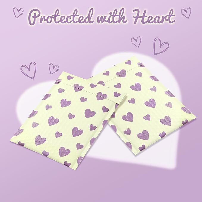 Fuxury Bubble Mailers 6x10" Padded Envelopes 100 Pack Usable Size 6x9"Bubble Envelopes Self Seal Small Padded Mailers for Small Business Shipping Bag, Gifts, Jewelry, Makeup,Purple Heart In Beige #0