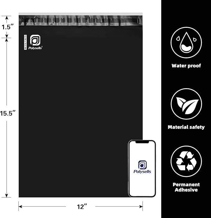 POLYSELLS 200 pcs 12x15.5 Inches Black Poly Mailers Shipping Envelopes, Strong Adhesive Sealing, Waterproof, and Tear-resistant Postal Mailing Bags for Small Business, Clothes, Non-Fragile Items