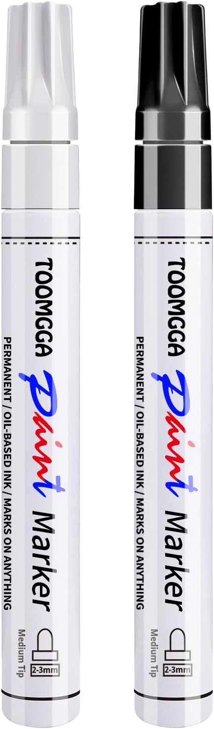 TOOMGGA 2 White and Black Permanent Markers Paint Pens, Oil Based Medium | Marking Pens, Quick Drying, Waterproof, Fade-resistant, for Rock Painting, Car Tyre, Metal, Plastic, Canvas, Mugs, Wood