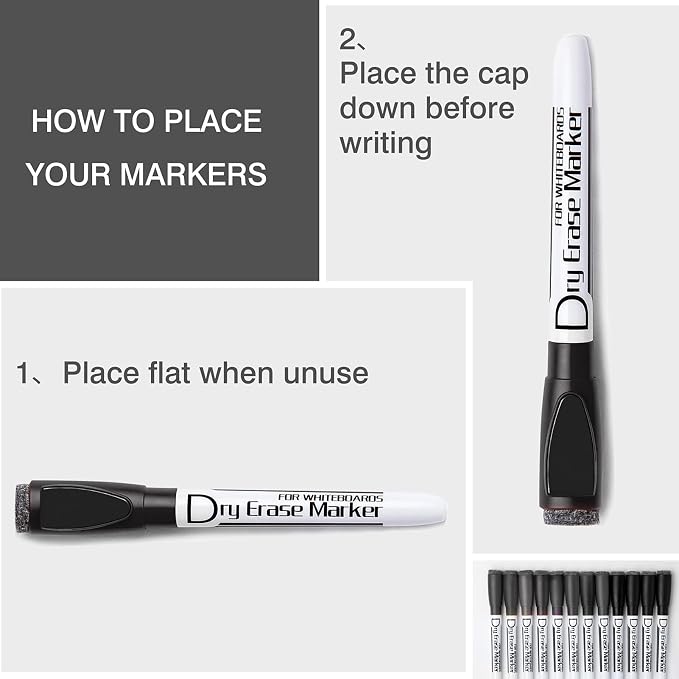 Volcanics Magnetic Dry Erase Markers, Fine Tip 1mm, Black, 12 Pack | Low Odor Whiteboard Pens with Magnetic Caps and Eraser for Whiteboards, Glass, Calendars, Office, Classroom, School, Home