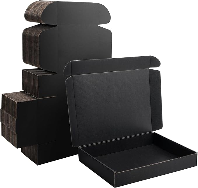 13x10x2 inch Black Shipping Boxes for Small Business- Set of 25 | Sturdy ECT 32 Corrugated Cardboard Mailer Boxes, Easy Assemble for Packaging, Mailing, Gift