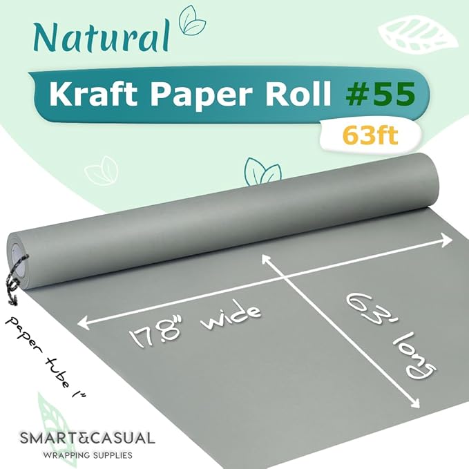 SMART&CASUAL 17.8" x 760" (63') Light Grey Kraft Craft Paper Roll for Gift Wrapping Bulletin Board Bouquet Flower Kids Art Packing Parcel Table Covering 80GSM 55LB (Light Grey, 17.8" x 63')