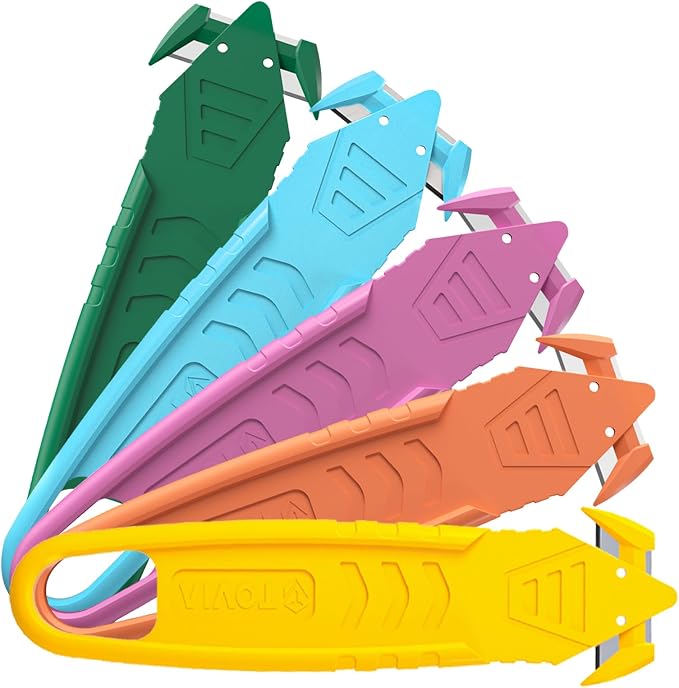 Safety Box Cutter, Package Opener, Safety Knife 5pcs Assorted color | Stainless Steel Concealed Blade Safety Utility Knife with Tape Splitter for Cartons, Cardboard, Wrap, Straps, Film