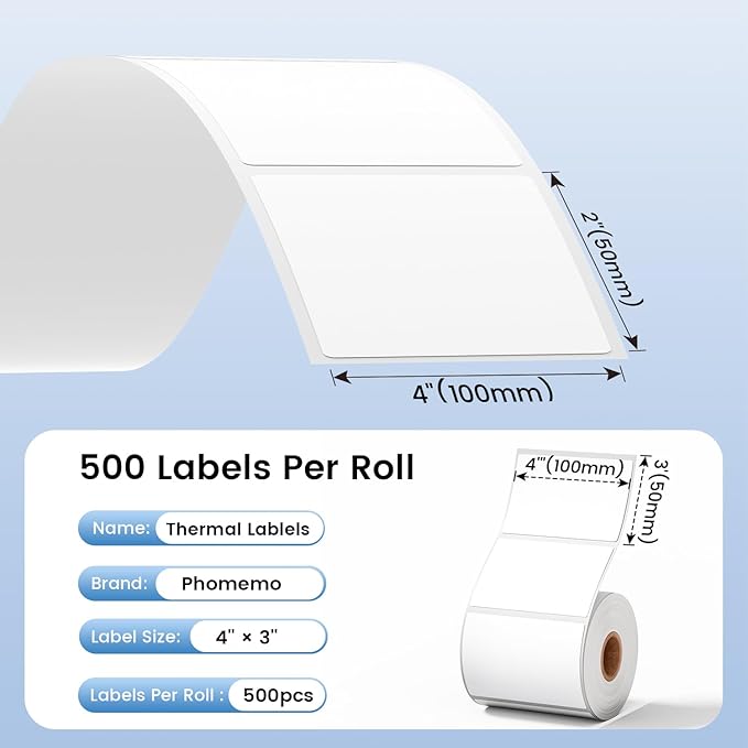 Phomemo 4"x3" Thermal Labels Roll for Small Business Supplies - Commercial Grade Logo Stickers for Business Customized - Waterproof Shipping Labels for Thermal Label Printer - 500 PCS Shipping Seals