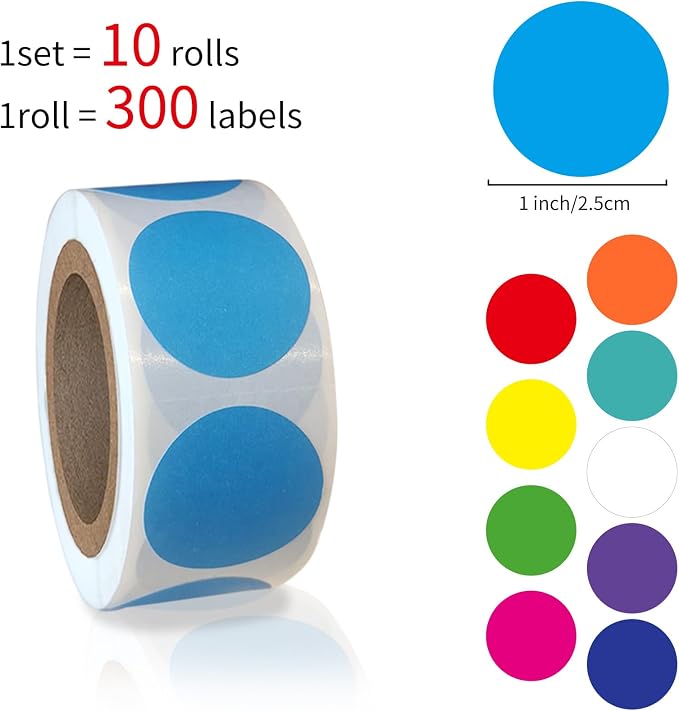 3000 PCS 1" Colored Dot Stickers Circle Color Coding Labels – 10 Colors on Round Coding Label Sticker for Office, Student Classroom, Family Etc(10 Rolls, 1 Inches)