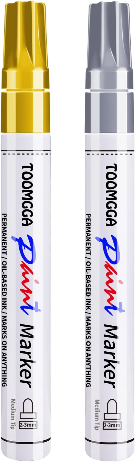 TOOMGGA 2 Gold and Silver Permanent Markers Paint Pens, Oil Based Medium | Marking Pens, Quick Drying, Waterproof, Fade-resistant, for Rock Painting, Car Tyre, Metal, Plastic, Canvas, Mugs, Wood