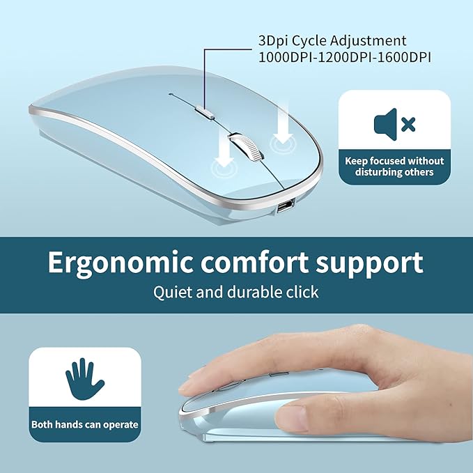 Wireless Mouse Chargeable Portable Silent USB and Type-C Dual Mode Wireless Mouse 3 Adjustable DPI for Laptop, Mac, Mac, Android, PC (Q23S Black) (Blue)
