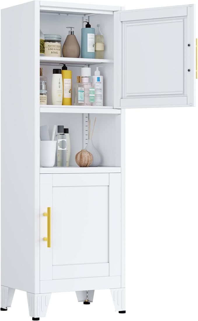 Metal Tall Narrow Bathroom Storage Cabinet, Freestanding Floor Cabinet with 2 Doors and Adjustable Shelves, Pantry Storage Cabinets for Bathroom, Living Room, Entryway and Kitchen (White)