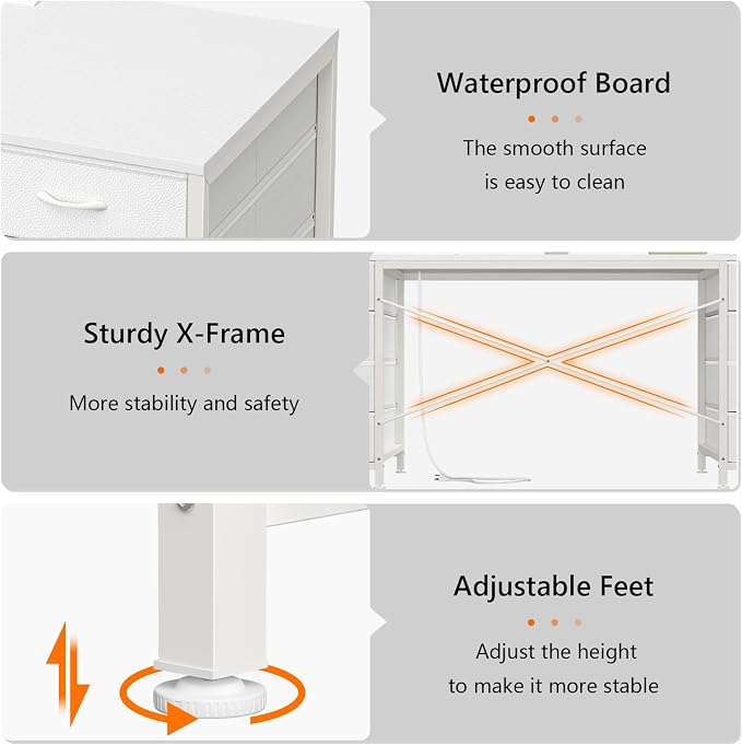 60 Inch Computer Desk with 8 Drawers for Home Office, Bedroom, Living Room | Home Office Desk with Power Outlets, Work Study Gaming Desk with 8 Fabric Drawers, White