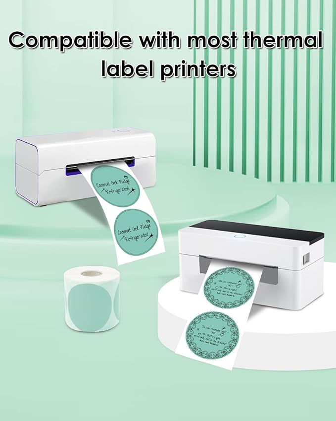 2 Inch (50.8mm x 50.8mm) Round Thermal Sticker, Self-Adhesive Circle Direct Thermal Labels, Multi-Purpose Roll Sticker for DIY Logo Design, QR Code, Name Tag, Roll of 500 Labels, Green