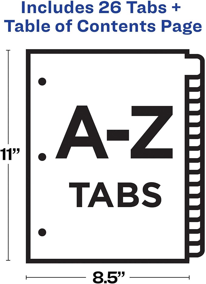 Avery A-Z Dividers for 3 Ring Binders,26 Tabs per Set,Customizable Table of Contents,Multicolor Tabs,Great for Organizing Reports,Projects,and More (11125),(Pack of 12)
