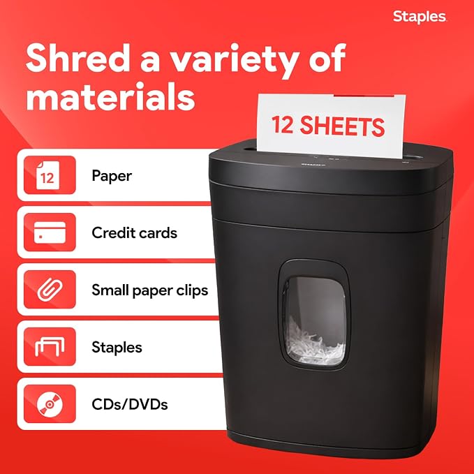 Staples 12-Sheet Micro-Cut Paper Shredder, High-Security, Anti-Jam, Black | Shreds credit cards and documents for home or office. Jam-resistant micro-cut design.