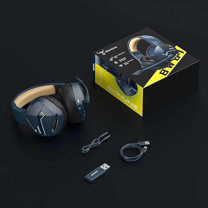 BINNUNE Wireless Gaming Headset for PS5 PC, 120H Ultra-Long Battery, 2.4GHz & Bluetooth 5.3 Wireless Gaming Headphones, PS5 Hadset Wireless with Mic, 50mm Drivers, Comfort Over Ear Headphones,Gold