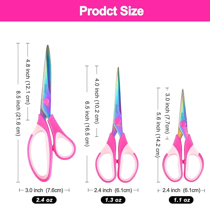 Zicolu Craft Scissors Set of 3 pack, Sharp Rainbow Titanium Coating All Purpose Scissors, Ergonomic Semi-Soft Rubber Grip, Suitable for School, Office and Household Use, Pink, 8.5''/6.5''/5.5"