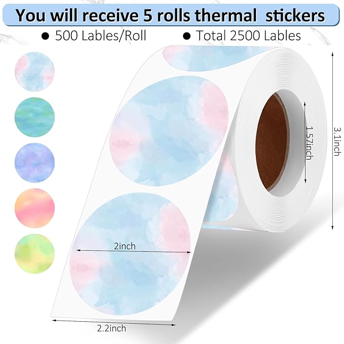 2500 Pcs 2 Inch Circle Thermal Sticker Labels Self Adhesive Round Direct Thermal Labels Multipurpose Printer Stickers for DIY Logo Design, Qr Code, Name Tag (Nebula Gradient Color)
