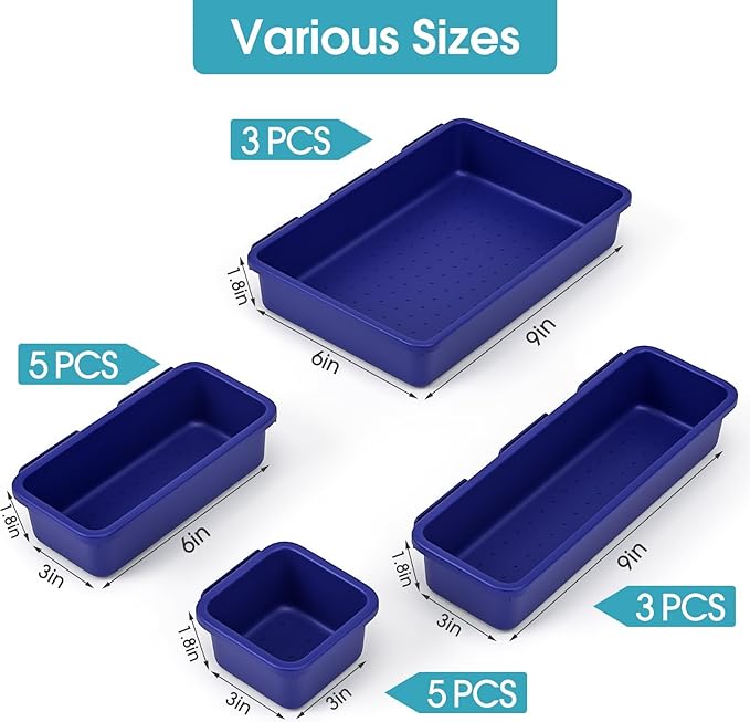 StoreHappily 16 PCS Drawer Organizer Set, 4 Size Makeup Drawer Divider Organizer With Non-Slip Pads, Interlocking Plastic Storage Bins for Office,Jewelry Vanity,Gadgets, Bathroom,Kitchen, Navy