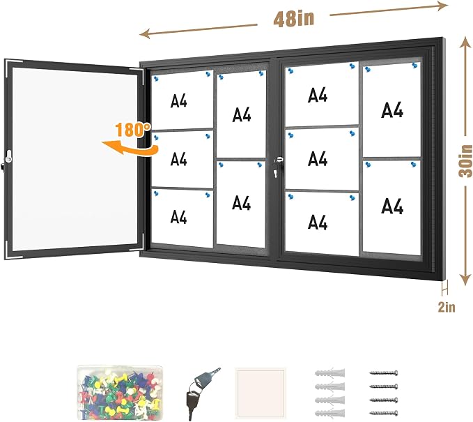 Mifuro 48"x30" Enclosed Bulletin Board, Outdoor Lockable Weather-Resistant Aluminum Cork Noticeboard for School & Office, Black Frame w/Grey Flet