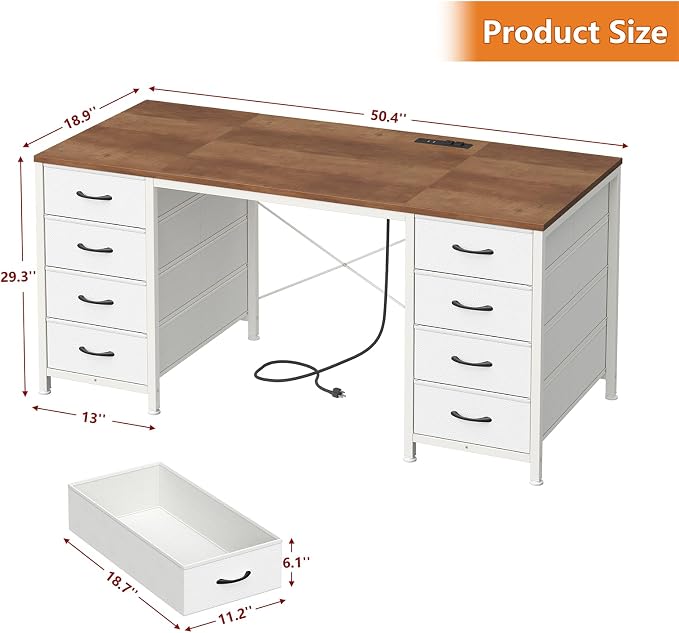 50 Inch Computer Desk with 8 Drawers for Home Office, Bedroom, Living Room | Home Office Desk with Power Outlets, Work Study Gaming Desk with 8 Fabric Drawers, Brown & White