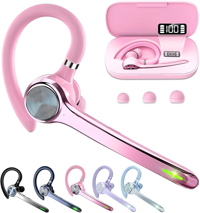 HEIBAS Bluetooth Headset, Wireless Earpiece with Mic for Work | 72H Playtime, 500mAh Charging Case, Hands-Free Calling with Mute Button for Work, Trucker, Office, Driving, iPhone, Pink