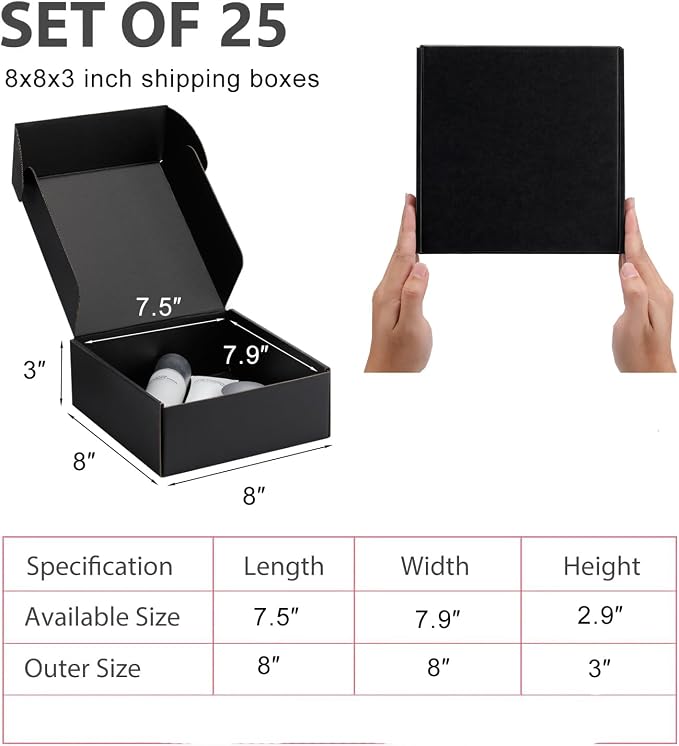 8x8x3 inch Black Shipping Boxes for Small Business- Set of 25 | Sturdy ECT 32 Corrugated Cardboard Mailer Boxes, Easy Assemble for Packaging, Mailing, Gift