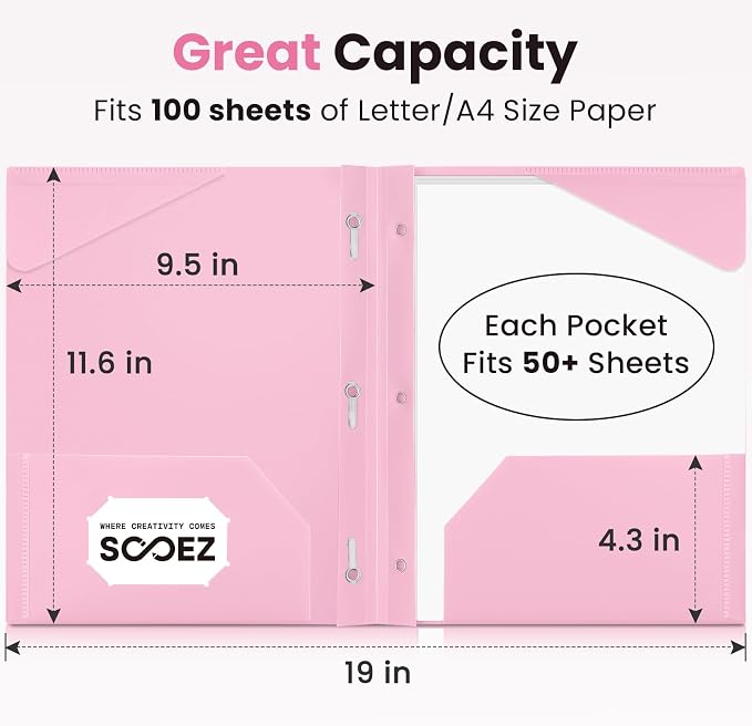 Sooez 1 Pack Plastic Folder, 2-Pocket Folders with Prongs | Fit Letter Size Paper, Sturdy 3 Prong File Folders for Documents, Folders with Pockets Back to School Supplies for Kids