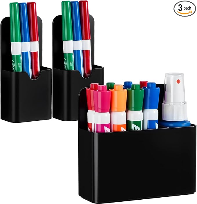 3 Pcs Magnetic Marker Holder for Whiteboard, Plastic Magnet Dry Erase Marker Holders for Fridge Refrigerator, Pen Pencil Cup Holder for School, Classroom Accessories, Locker Organizer-Balck