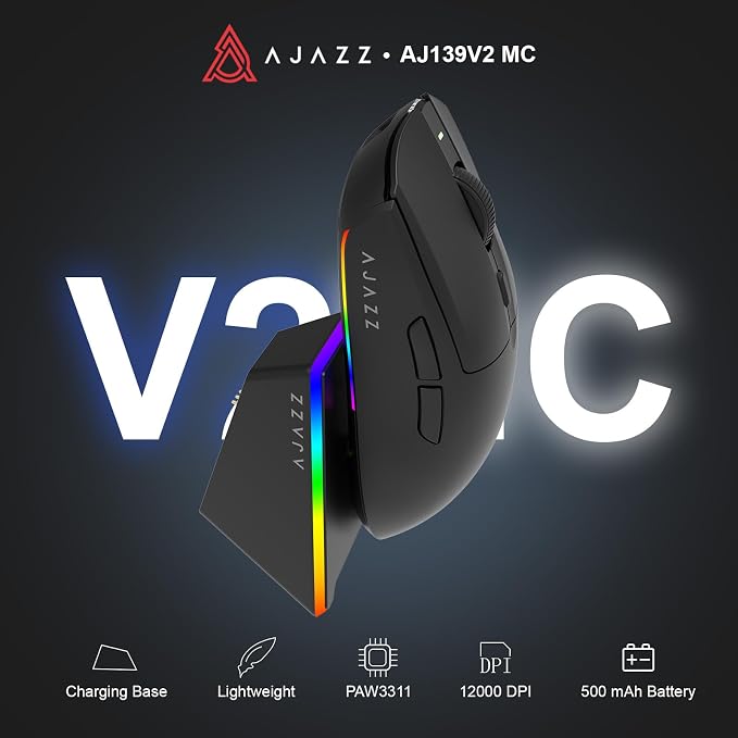 AJAZZ AJ139 V2 MC Wireless Gaming Mouse with RGB Charging Dock, 66g Ultra-Lightweight Tri-Mode Optical Mouse, 12000 DPI PAW3311 Sensor, Ergonomic Rechargeable Gaming Mouse for PC/Mac - Black