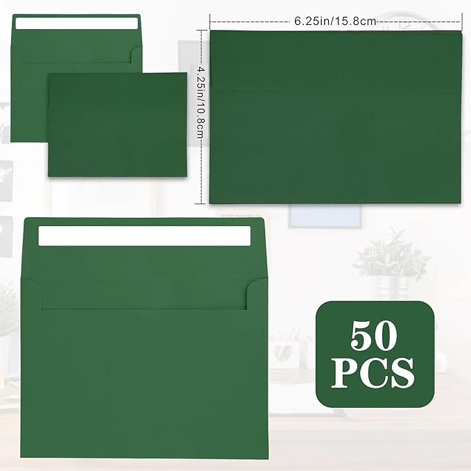 50Packs A4 Green Envelopes 4x 6Inch Card Envelopes,Self Seal for Weddings, Greeting Cards，Mailing， Invitations, Photos, Postcards