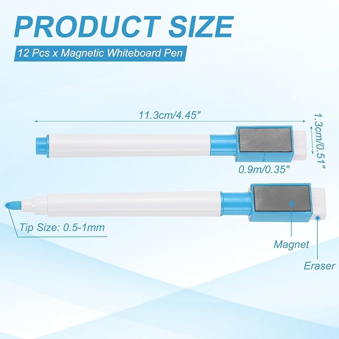 PATIKIL Magnetic Whiteboard Pen, Fine Tip Dry Erase Light Blue White Board Markers with Eraser Whiteboard Calendar Supplies for Classroom Office, 12 Pcs, 0.5-1mm Tip