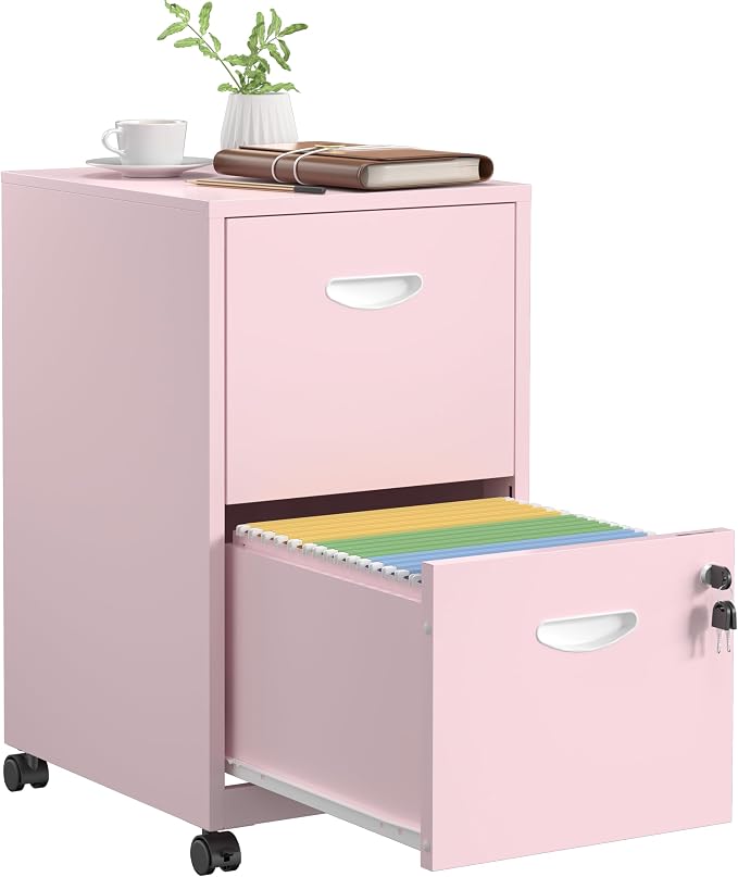 SteeLoong 2 Drawer File Cabinet,Metal Mobile File Cabinet with Lock Pink | Filing Cabinet with Wheel,Vertical File Cabinet for Home Office,Under Desk Rolling File Cabinets for Hanging Letter/A4