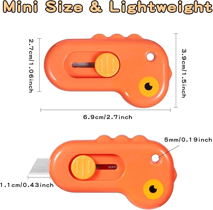 Harita Box Cutter Utility Knife Mini Retractable Lanyard Hole, Alloy Steel Blade, 6 Piece, Lightweight Letter Opener, Cute Animal Shaped Dinosaur