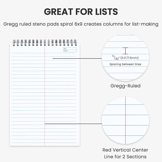 Steno Pads Spiral 6x9 12 Pack | Steno Notebooks Top Spiral Notepad | Steno Notepad 50 Sheets Each | Gregg Ruled Spirals Notebook 6x9 | Notebooks for Work.