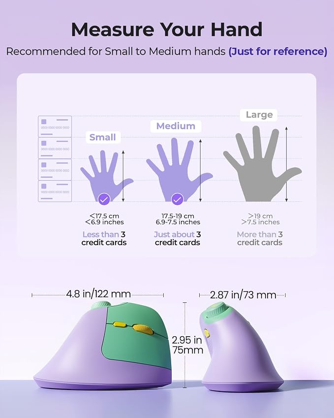 seenda MOU-302 Wireless Bluetooth Ergonomic Vertical Mouse with Volume Knob | Rechargeable 3-device mice for small/medium hands with quiet clicks, 1000/1600/2400 DPI for PC, laptop, MacBook, Green Purple