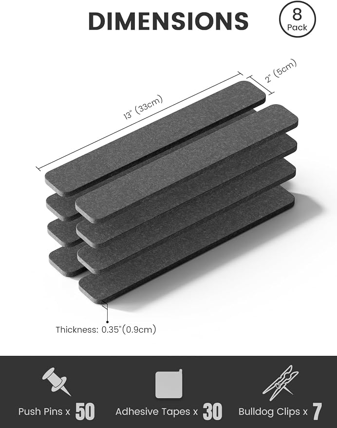 Fluxynara 13" x 2" Felt Wall Panels, Charcoal Gray | 8-Pack Includes 50 Push Pins and Adhesive Tabs for Photos, Notes and Decor in Bedroom Doors, Home Office or Studios